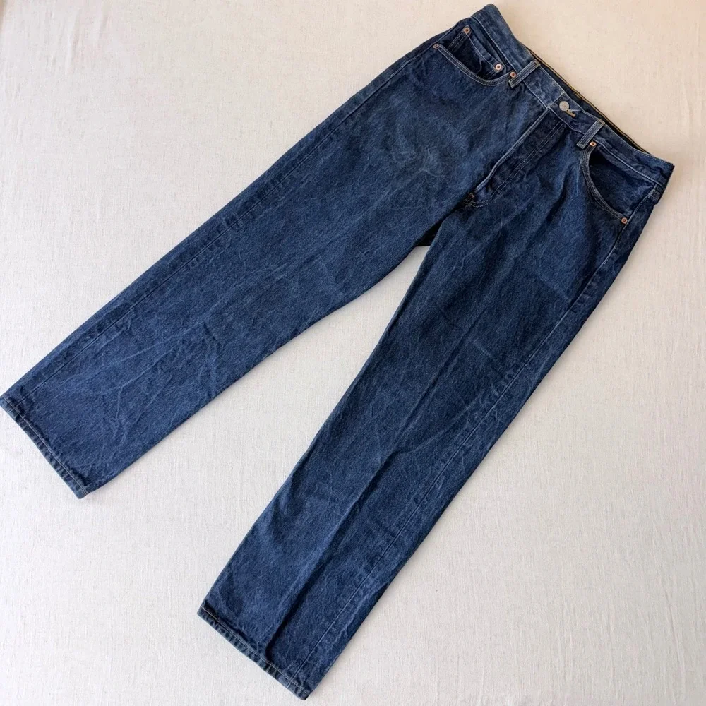 Levis 501 Original Straight Fit Jeans Mens 35x32 Dark Wash Blue Denim Button Fly